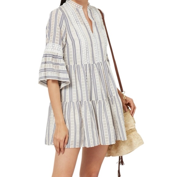 SANDRO • Ecru/White/Navy Stephanie Stripe Boho Lace-Trim Tiered Mini Dress, S - Picture 7 of 16